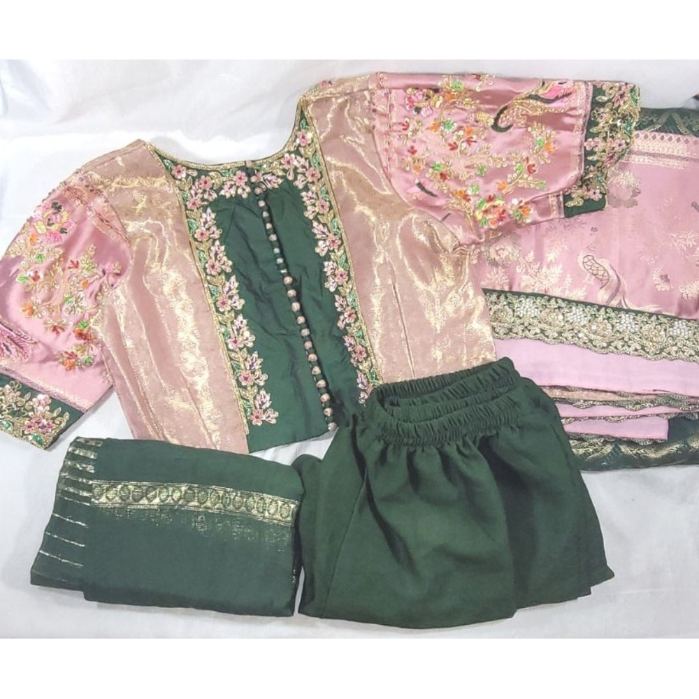 4pc Women's Bollywood Silk Bridal Blouse & Saree Set - Pink/Green Peacocks - 35"